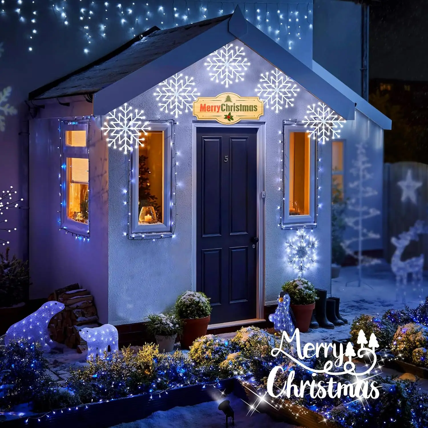 Christmas Snowflake Icicle Lights Outdoor - Plug-in 10.5ft 5 Drops 240LED Snowflake Window Light with 8 Modes, Hanging