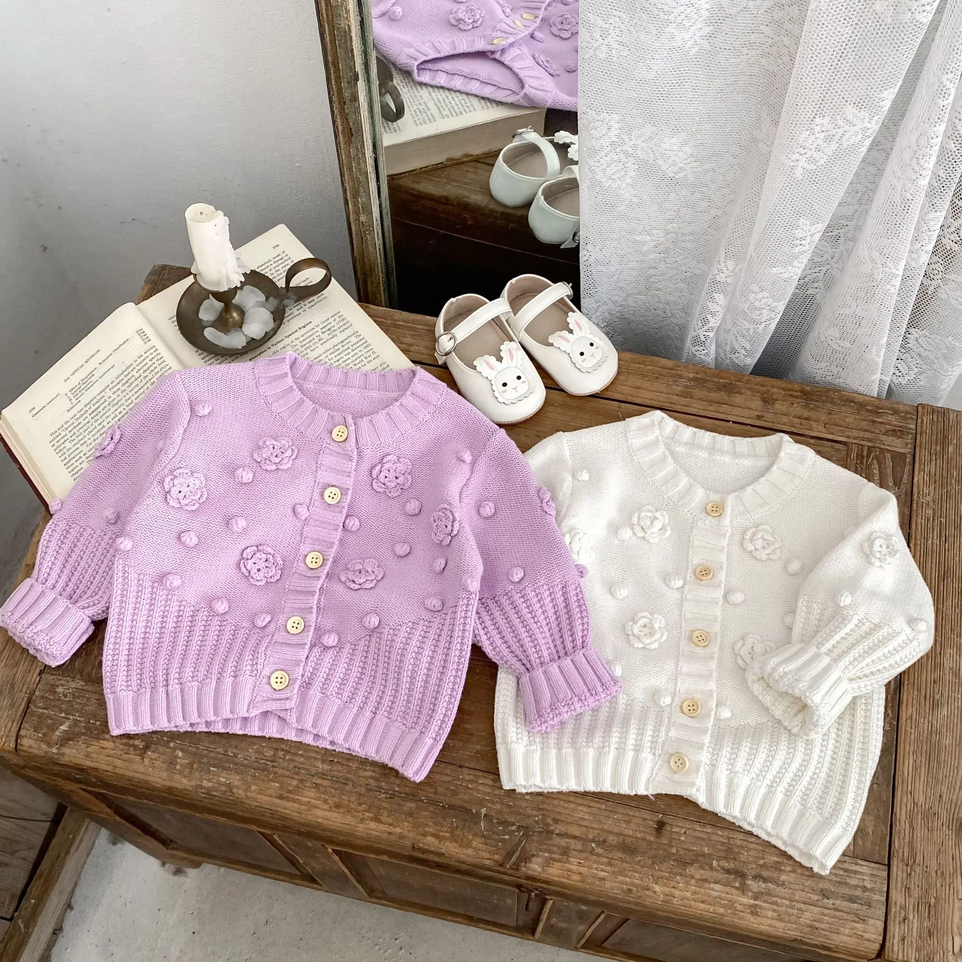 

2025 Baby Girl Cotton Cardigan Handmade Flower Knit Sweater Infant Knit Jacket Spring Autumn Toddler 0 To 3 Years