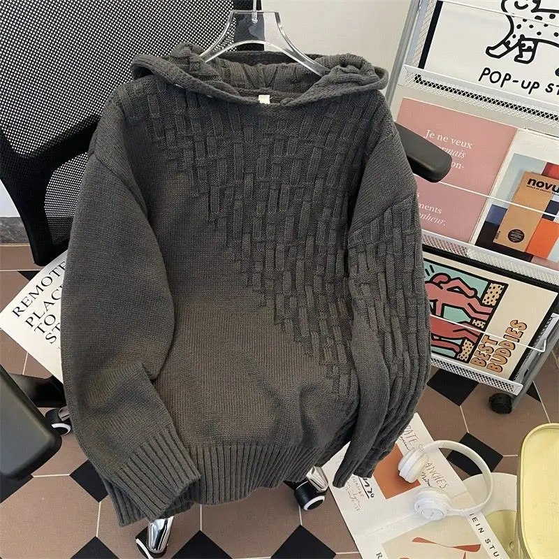 American autumn and winter men and women trend woven design hooded sweater couple loose retro gray loose casual top harajuku y2k