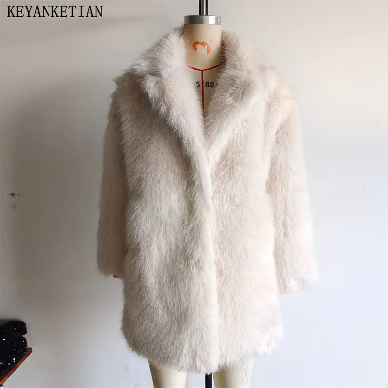 KEYANKETIAN New Launch Women's Thick  Faux Fur Coat Fashion Elegant Double Pockets  Luxury Hidden Buttons Mid-Length Outerwear