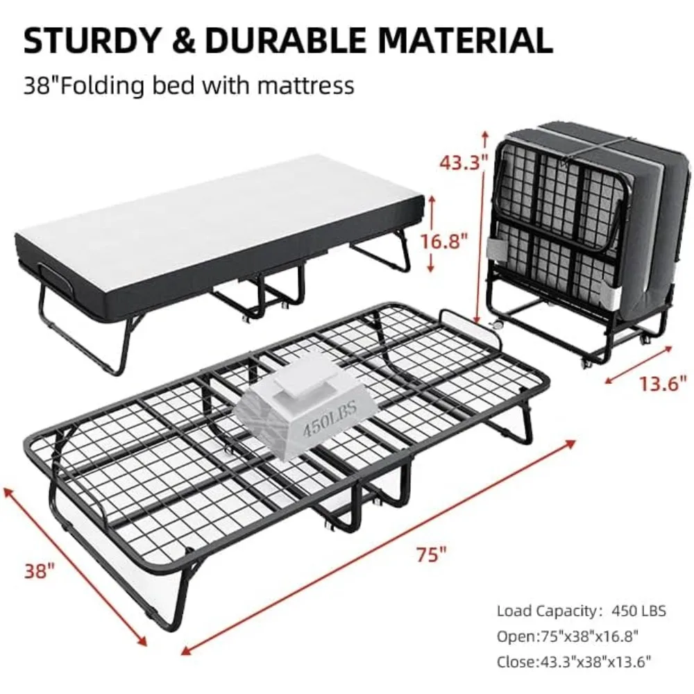 سرير قابل للطي مع مرتبة - إطار مزدوج الحجم مقاس 75 بوصة × 38 بوصة - سرير محمول قابل للطي للبالغين للضيوف - سميك 5 بوصات، ذاكرة F