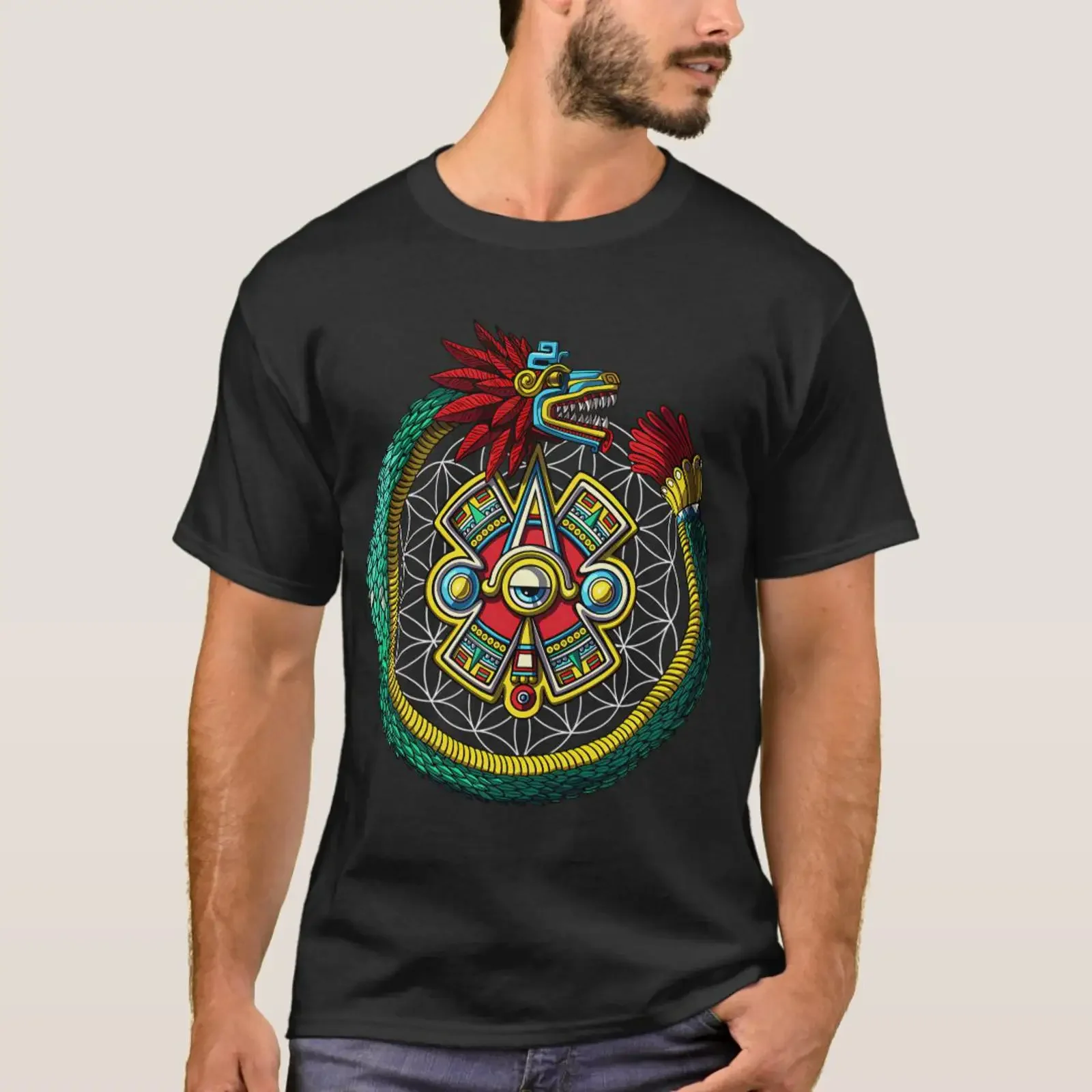 Aztec Quetzalcoatl Ouroboros T Shirt vintage Washed Stretched fashion Soft Unisex streetwear Comfortable designer clothes