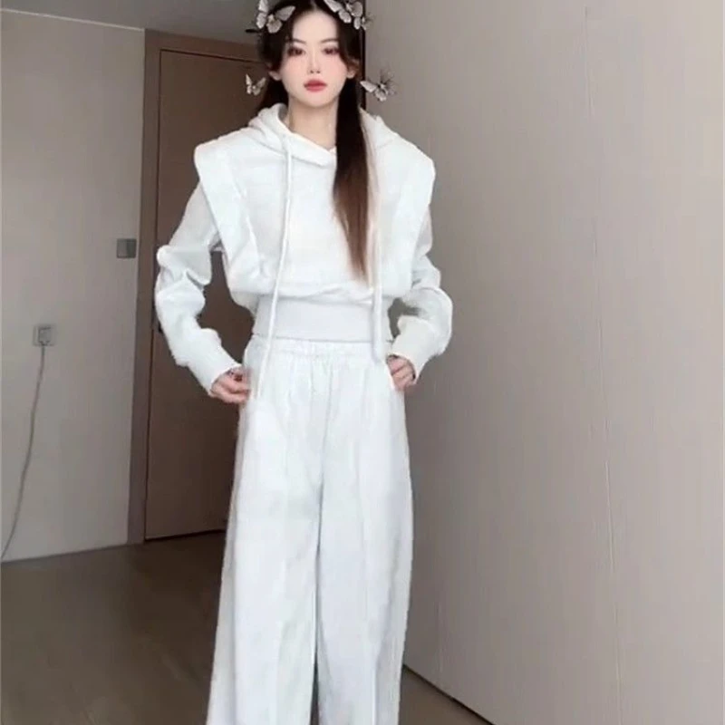 Autumn and winter high-end fashion women's casual suit American retro two-piece set hooded fake two-piece hoodie+flared pants