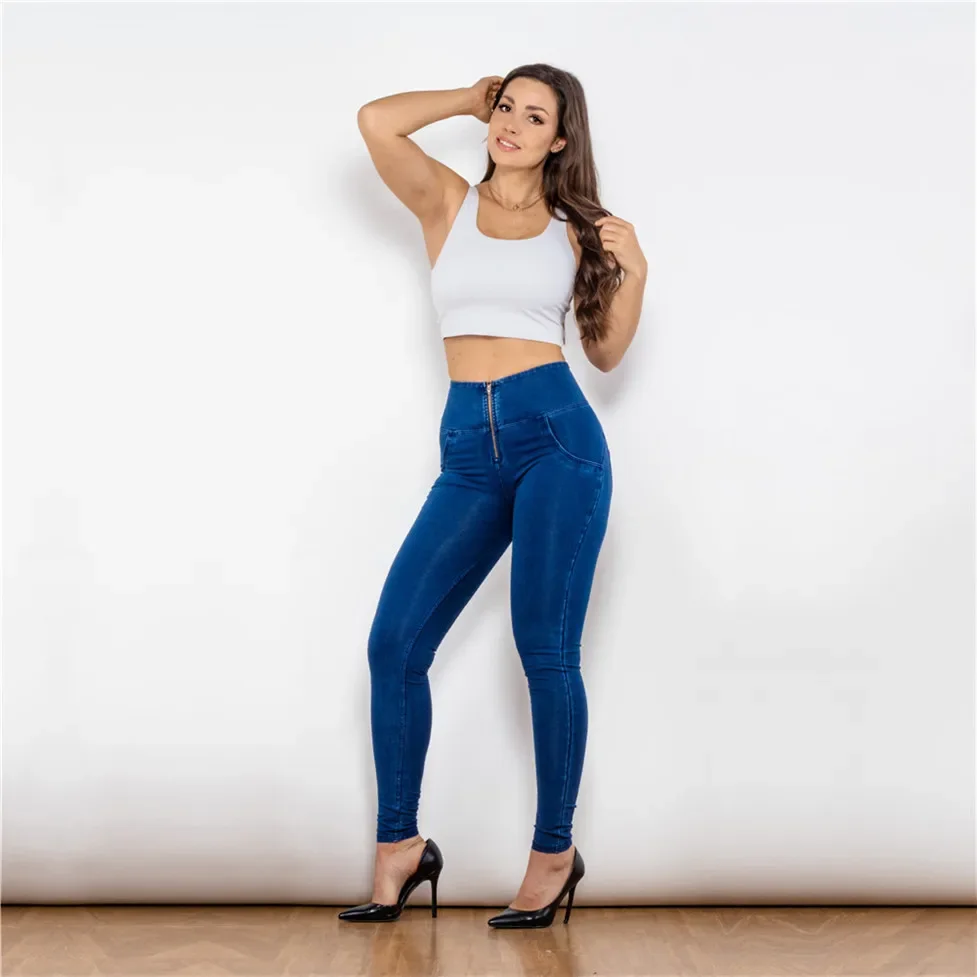 Shascullfites Bum Lifting Jeans High Waist Stretchable Girlfriend Blue Elastic Waist Push Up Jeans