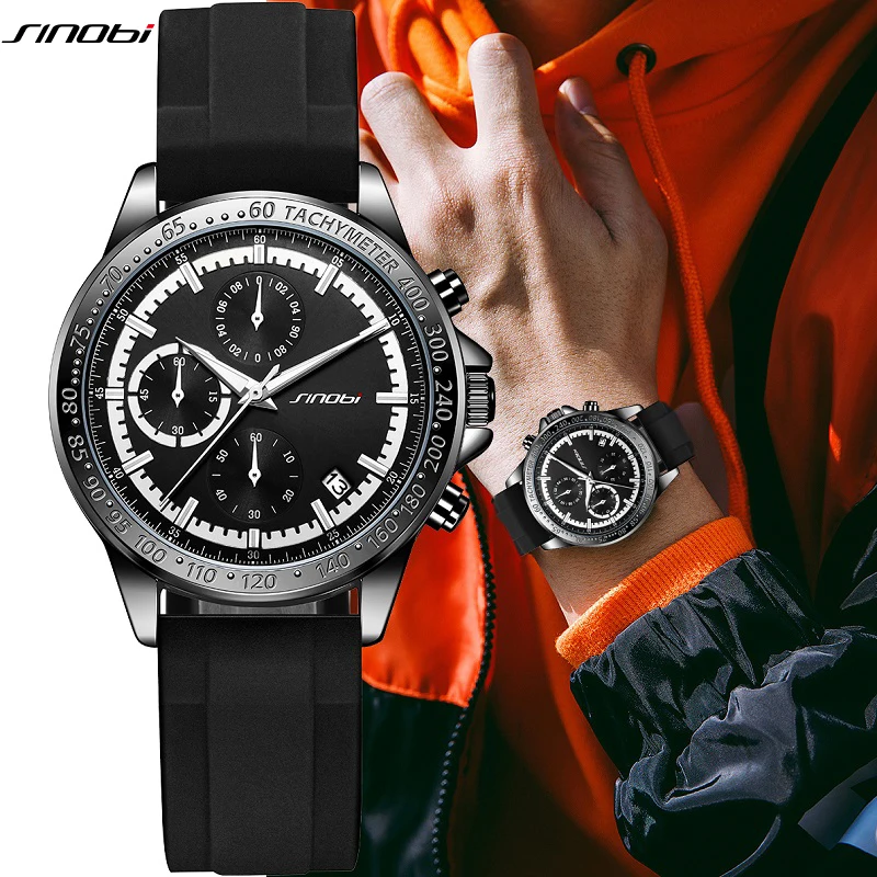 SINOBI Top Brand Silicone Strap Men\'s Watches Man\'s Sports Quartz Wrist watches Chronograph Luminous Hands Gifts Clock for Male