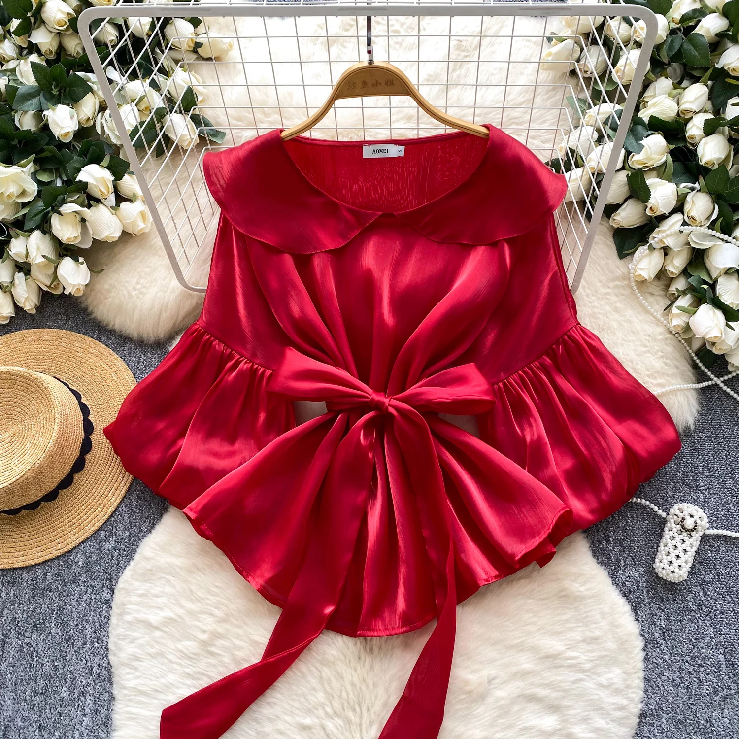 

Шикарная винтажная атласная блузка с длинным рукавом и воротником Питера Пэна, корейская модная блузка, женская осенняя женская одежда