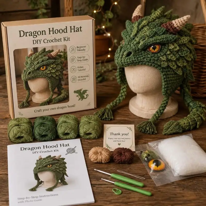 Fantasy Hood Hat DIY Crochet Kit Beginner Animal Earflap Warm | 5 Styles Dragon Frog Fox Wolf Rainbow Complete Set Yarn Hooks