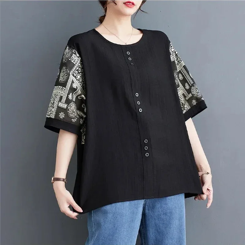 Women's Cotton Linen Loose Pullover T Shirt Western Style Summer Top Slimming 5/4 Sleeve Printed Casual Fashion for Plus Size