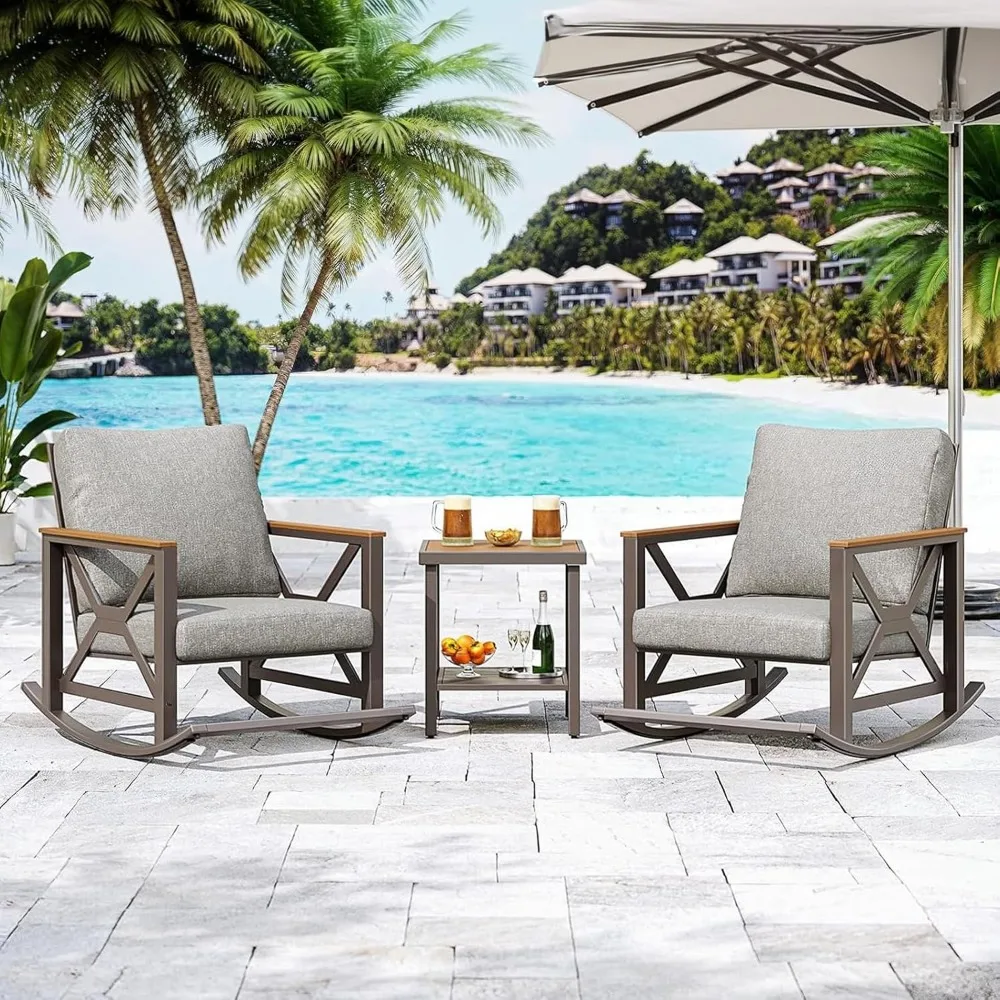 مجموعة Rocking Bistro، مجموعة محادثة للفناء مكونة من 3 قطع، كراسي هزازة بإطار مجلفن مكونة من قطعتين مع طاولة قهوة وسميكة