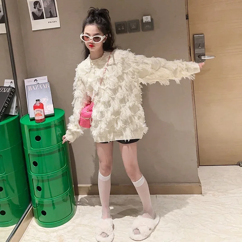 teen Girls Knit Handmade tassel sweater dress 2023 Autumn New Korean Version Loose Casual Tassel Pullover Fashion Sweater Top