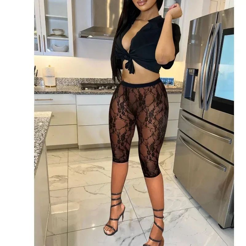 

GUWU Lace Hollow Out Women's Set Short Sleeve Shirt and Shorts Suit Sexy Streetwear Two 2 Piece Set Outfit Tracksuits