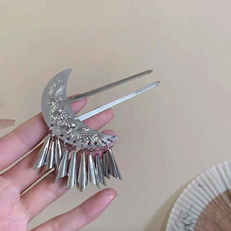 Women's Ethnic Bell Tassels U-Shaped Hairpin with Moon Butterfly Pattern