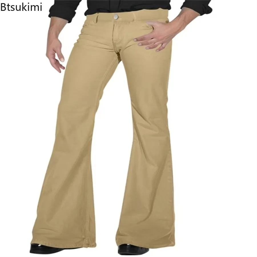 2026 Fashion Men's Vintage Disco Flared Pants Solid Stretch Slim Fit Trousers H… - Image 5