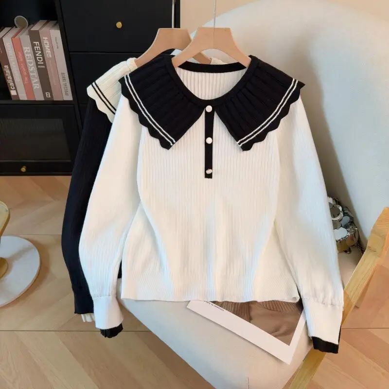 

Winter New Youth Knitted Shirt Cute Student Doll Collar Sweet Tops Temperament Women's Fashion Versatile Long Sleeve Comfortabl