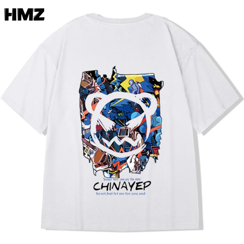 

HMZ Summer Cartoon T-shirt Bear Lovers Style Fashion Cotton Tshirt Casual Hip Hop Tops Short Sleeve Tees Round Neck T-shirts Men