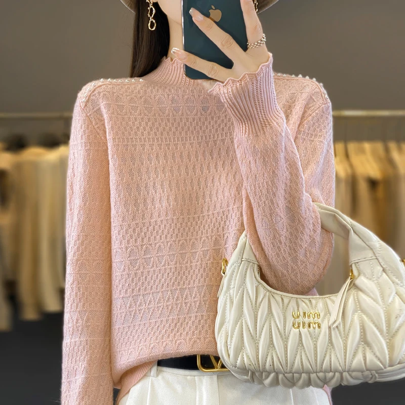 2024 New Spring and Autumn Cashmere sweater Long Sleeve Women Mock Neck Knitted Sweater  Pullover Cashmere sweater Women