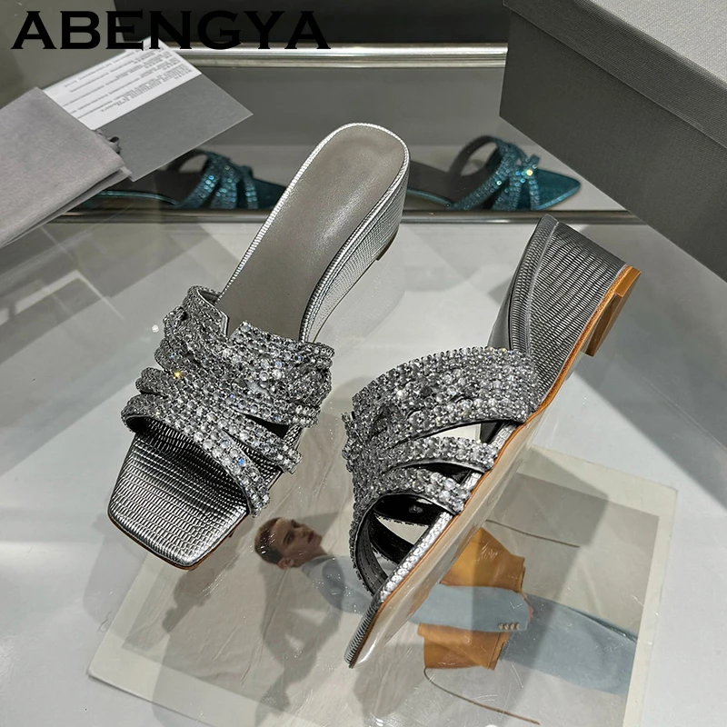 Square Toe Wedge Heels Rhinestone Slippers For Women Summer Shining Crystal Slippers Casual Holiday Beach Slides Shoes Female