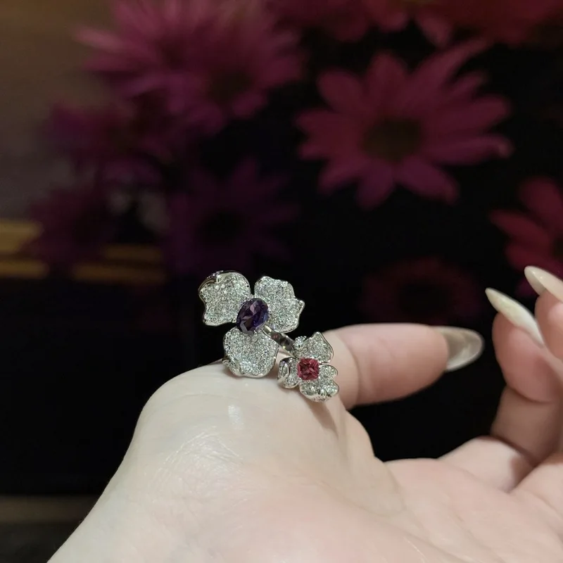 925 sterling silver light luxury high-end feeling rose red purple zircon flower sparkling diamond open ring for women's niche