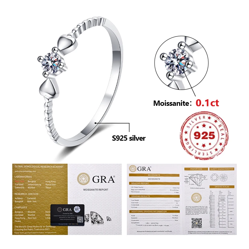 0.1ct Moissanite Ring S925 Sterling Silver For Women Round Cut Sparkling Diamond Wedding Engagemen Romantic Gift GRA Certificate