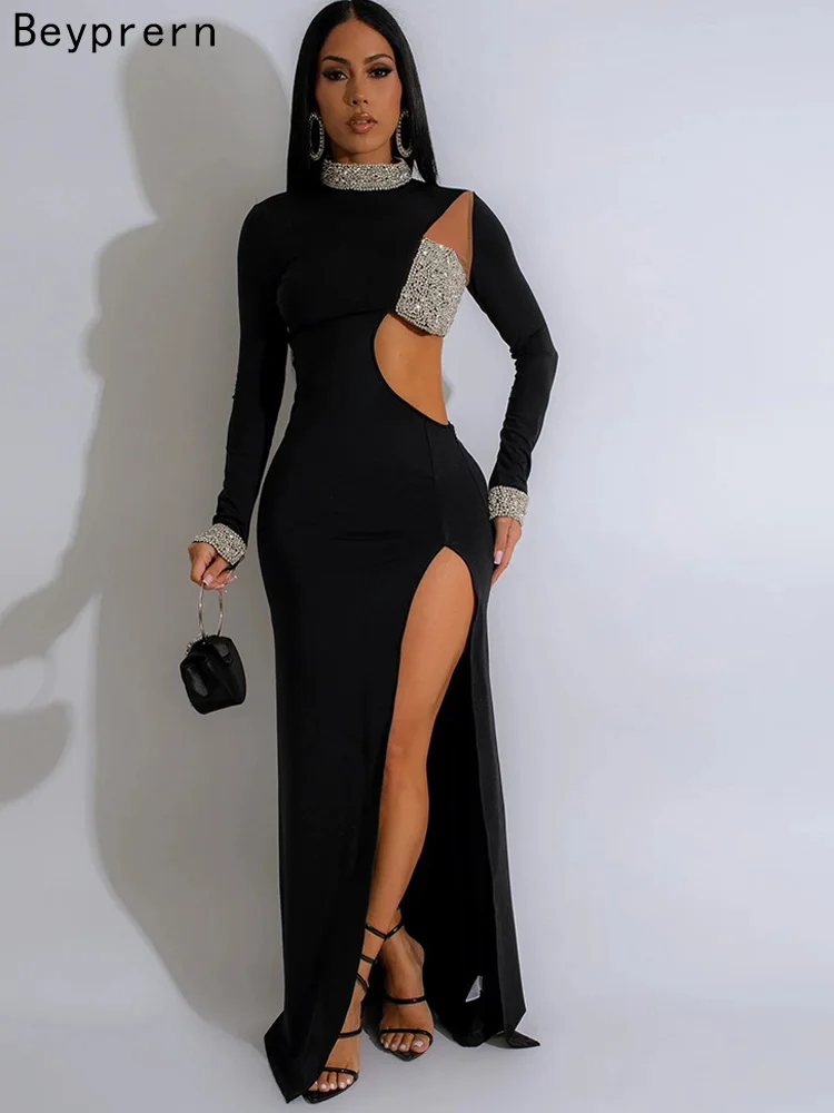 Beyprern Glamour Rhinestone Maxi Dress Women's Hot Drilling Turleneck Hollow Out Long Sleeve High Slit Long Celebrities Outfits