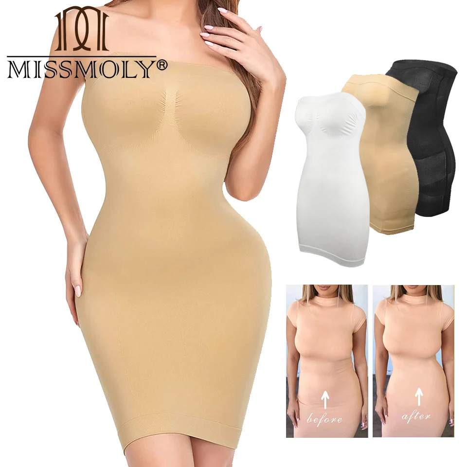 MISSMOLY Women Strapless Shapewear Slip Under Dress Full Slips Dress Tummy Control Butt Lifter Full Body Shaper Corset Underwear