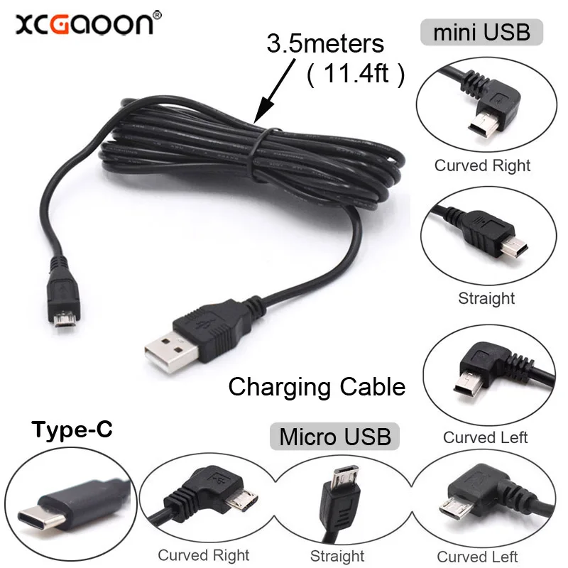 Samochodowy kabel USB do ładowania z portem Mini Micro Type-C do kamery samochodowej DVR Rejestrator wideo / GPS, długość 3,5 m (11,5 stopy)