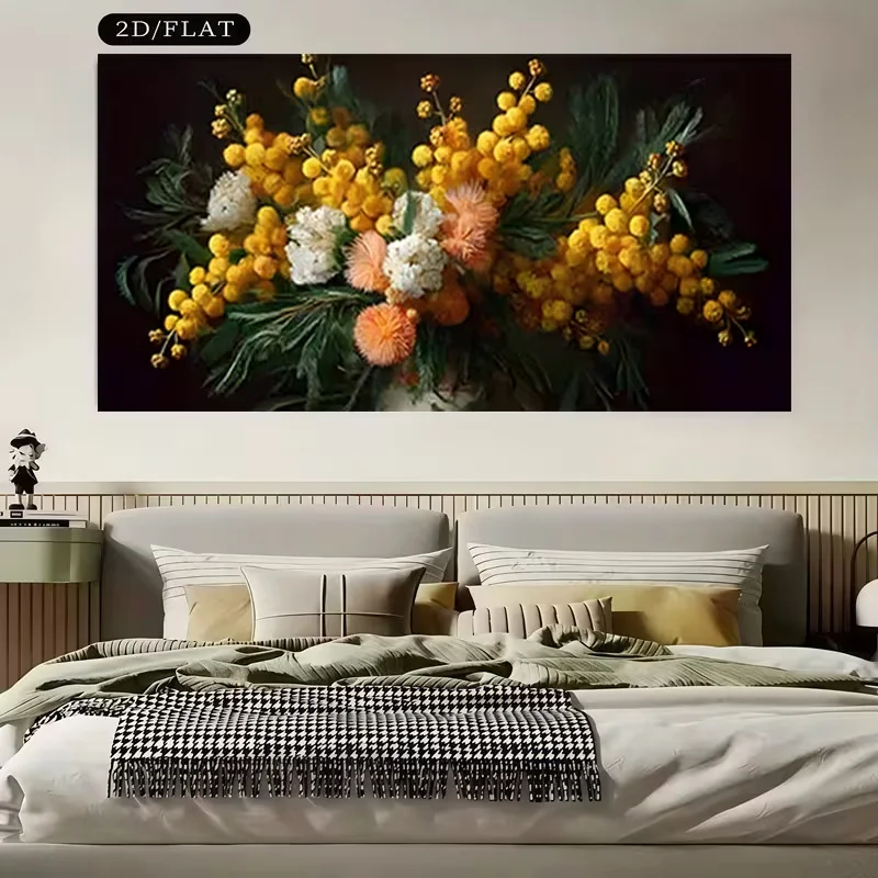 2D Flat, 2D Flat, A Vibrant Yellow Acacia Combined with White And Pink Flowers in a Pattern, a Large 2D/FLAT Unframed Canvas Pai