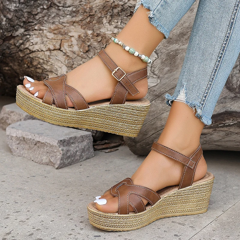 Cross Strap Wedge Sandals for Women Summer 2024 Chunky Platform Gladiator Sandalias Mujer Thick Sole Non Slip Beach Shoes Woman