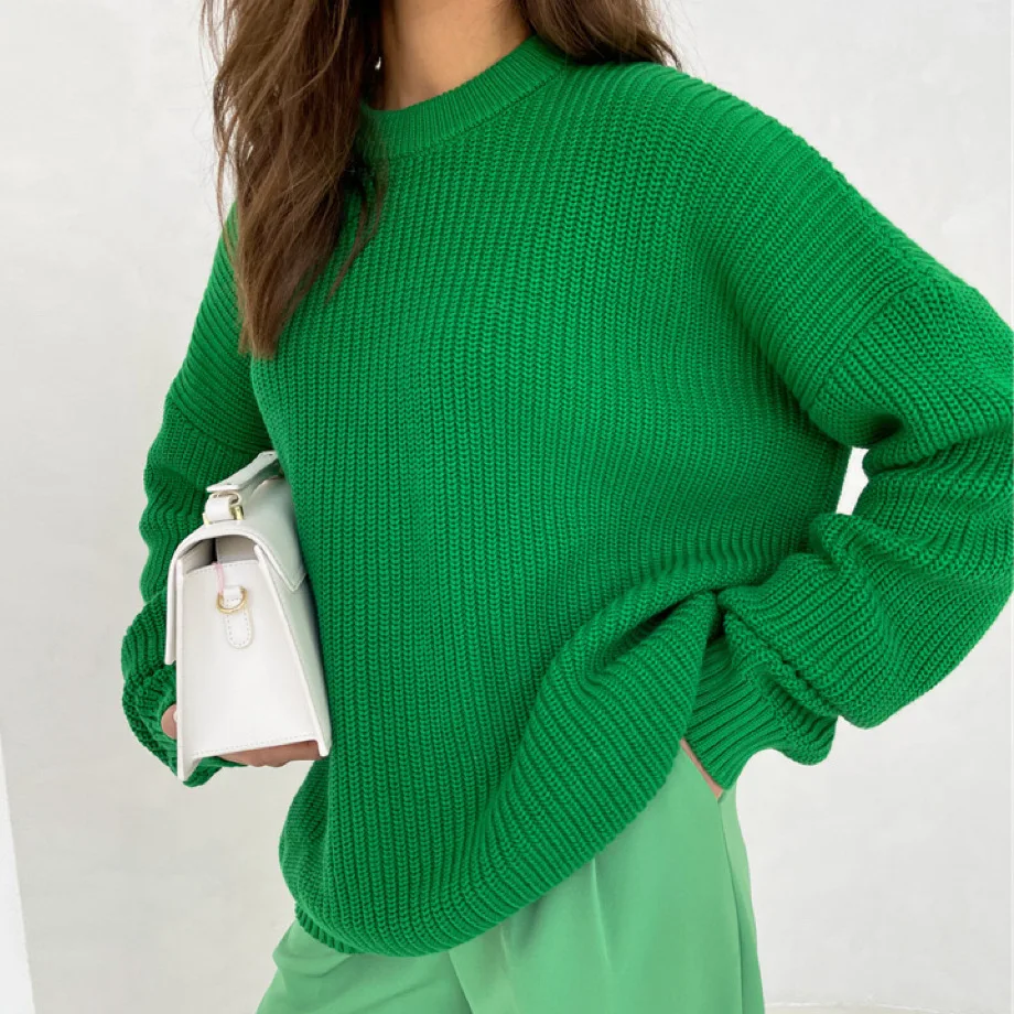 

2024 Autumn Winter Solid Color Round Neck Thick Sweater Women Loose Long Sleeved Pullover Tops Casual Knitted Jumpers