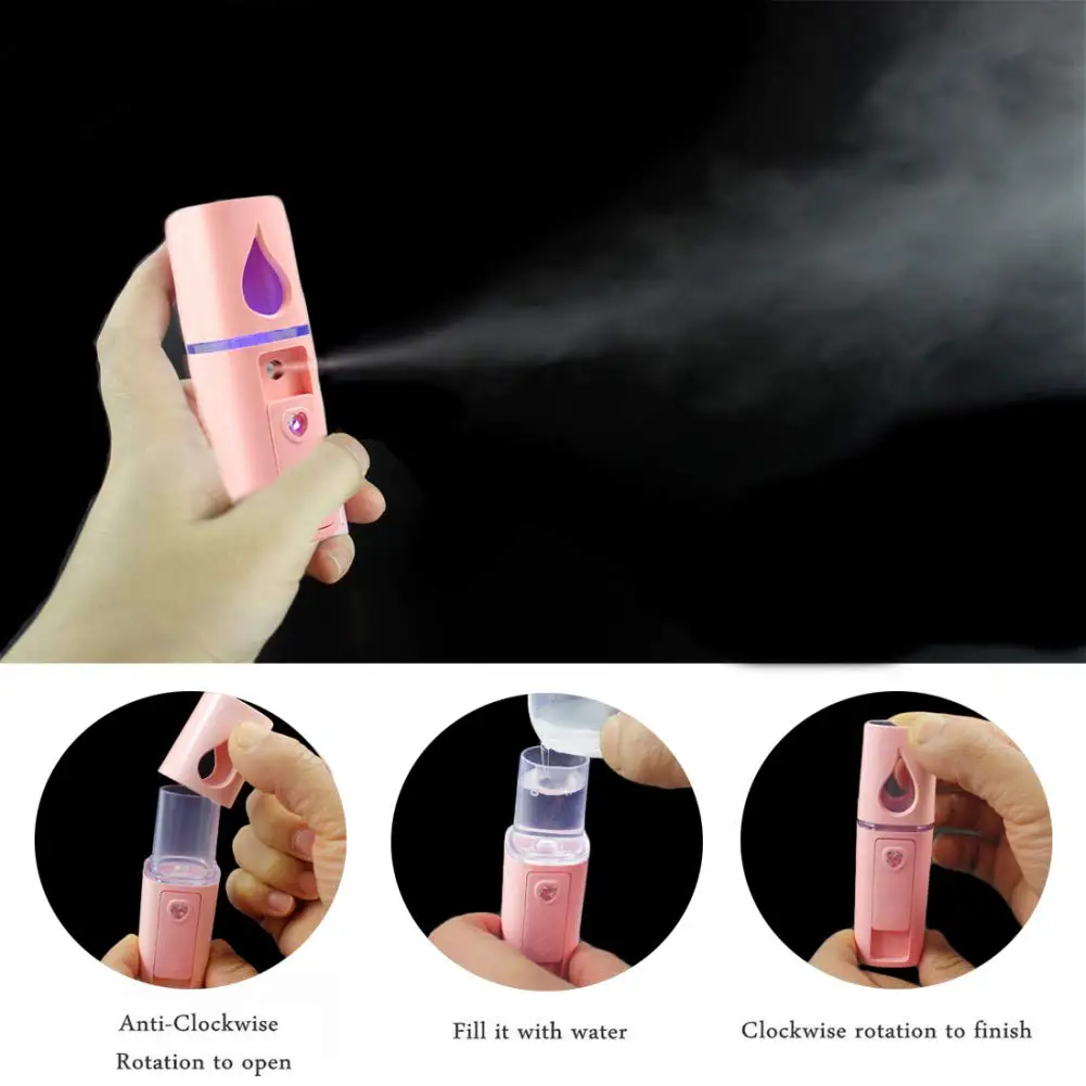 A44TPortable Nano Facial Mister Mini Steamer Wajah Atomisasi Ekstensi Bulu Mata dengan Cermin Merah Muda