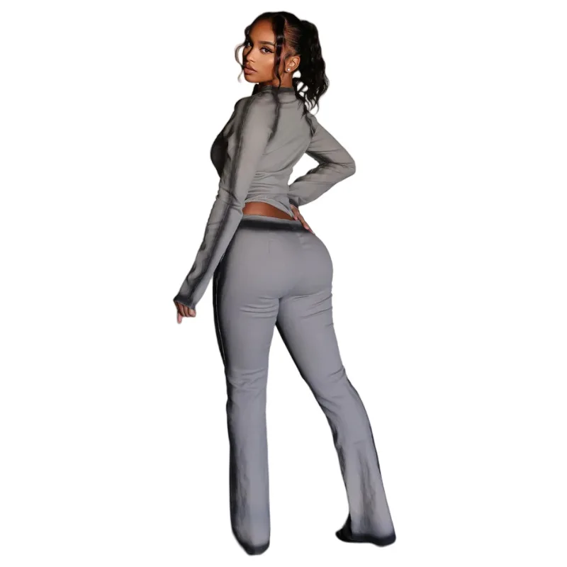 Printed 2 Piece Set Women Fashion O Neck Long Sleeve Zip-up Slim Jackets Tops + Slim Flare Pants Casual Streetwear Suits