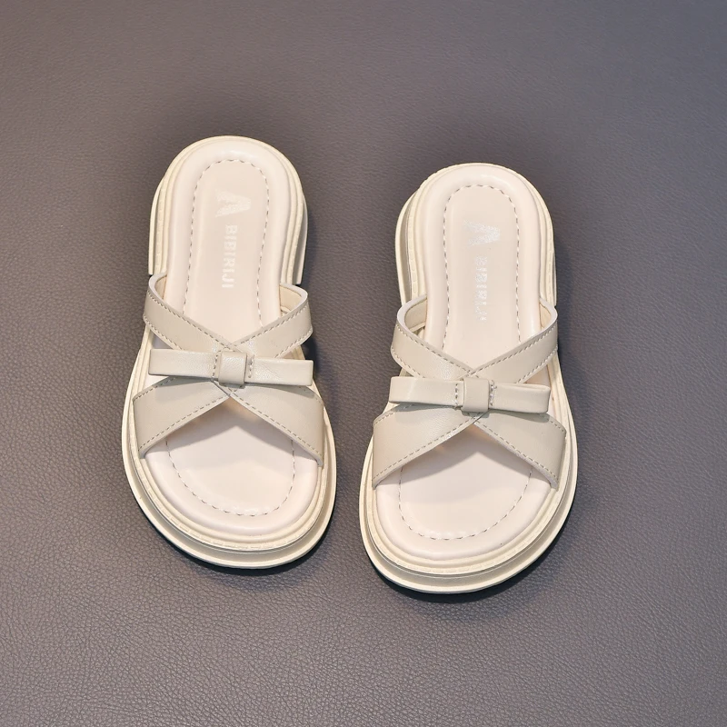 

Summer Children Breathable Slippers Outdoor Hollow-out Girls Fashion Bow Shoes Black Beige Causal Kids Open-toe Beach Slippers
