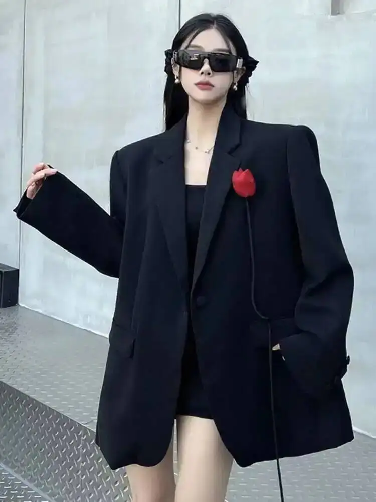 EAM Women Black Big Size 3D Rose Casual Blazer New Lapel Long Sleeve Loose Fit Jacket Fashion Tide Spring Autumn 2025 30A3049