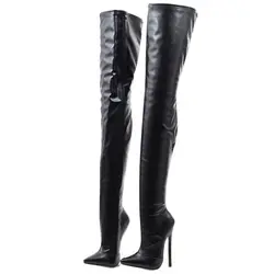 Women Over the Knee Boots 18CM Super High Heel Pointed toe Zip PU Leather Crotch Long Boots Footwear