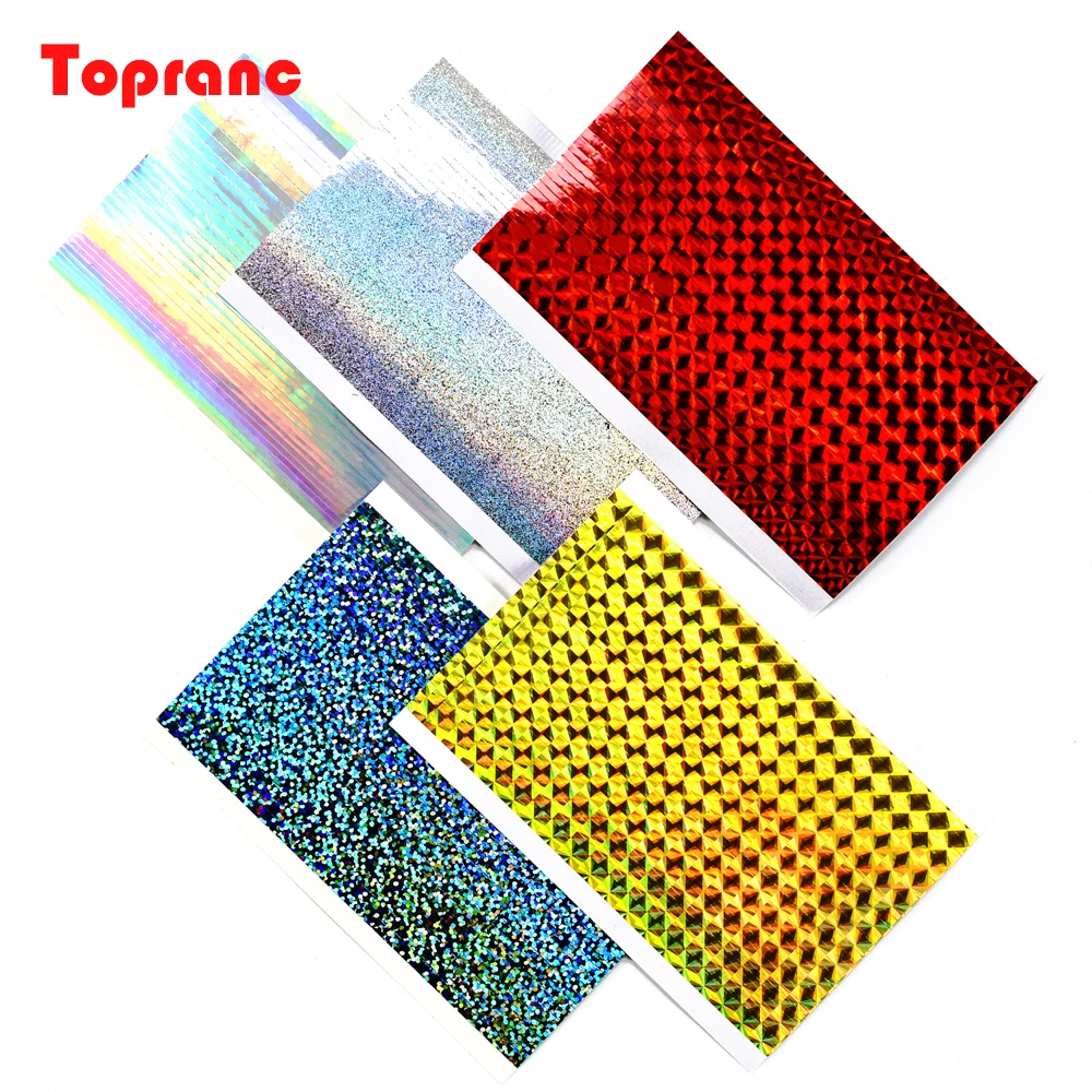 Topranc 6Pcs/10Pcs DIY Fishing Lure Material 12×7.3cm, Holographic Fish Scale Flash Sticker Film for Fly Tying Squid Jig Bait