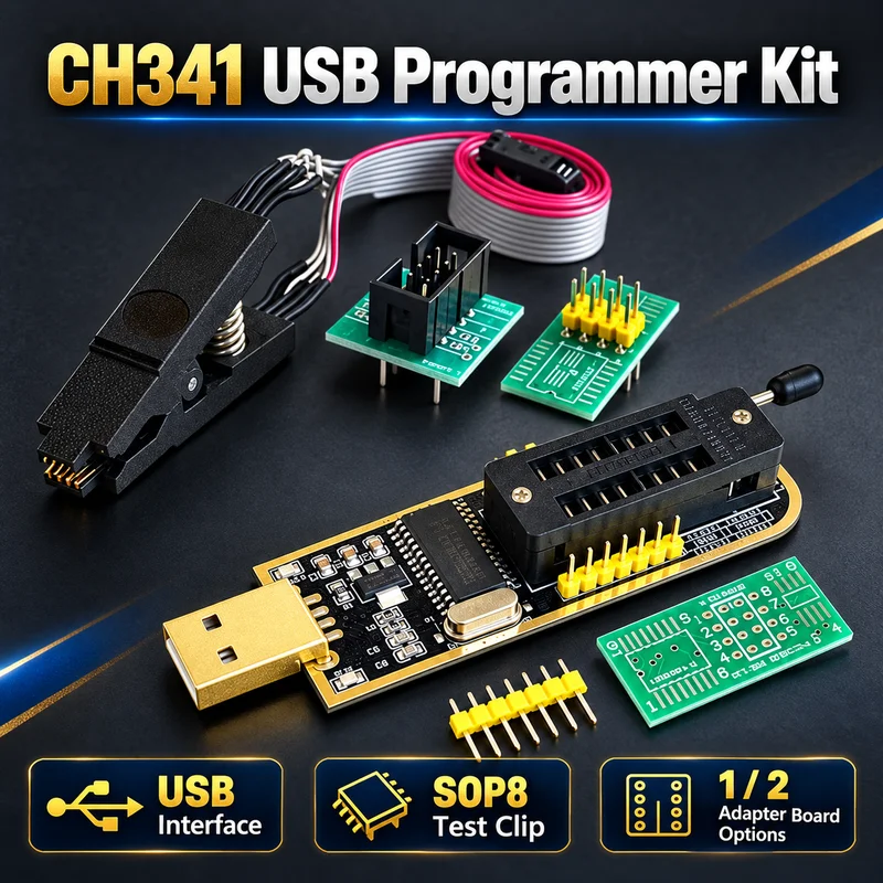 CH341 USB EEPROM Flash BIOS Programmer Kit with SOP8 Test Clip Cable and Adapter Boards for Motherboard Router Repair