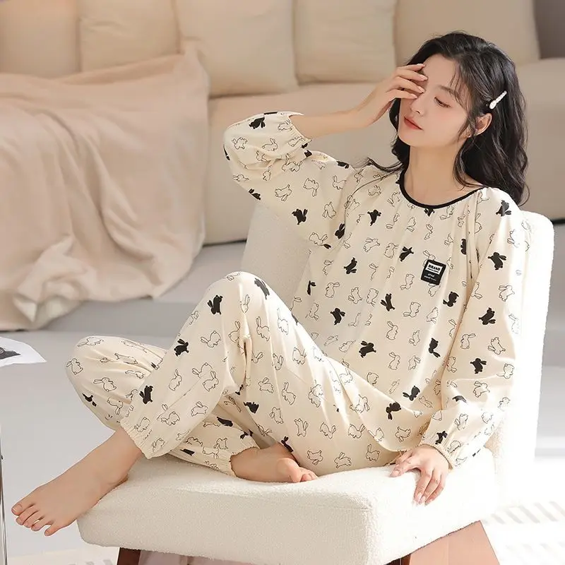 Trousers Set Sweet Maiden Summer Thin Style Loungewear Antibiosis Pajamas Female Spring and Autumn Pure Cotton Long-sleeved