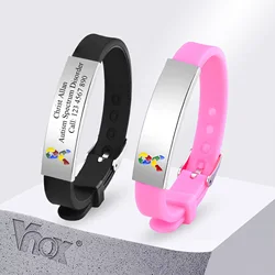Vnox Free Personalized Autism ID Bracelets for Teens Girls Boys, Colored Puzzle Soft Silicone Bracelets, Cutom Contact Name ICE