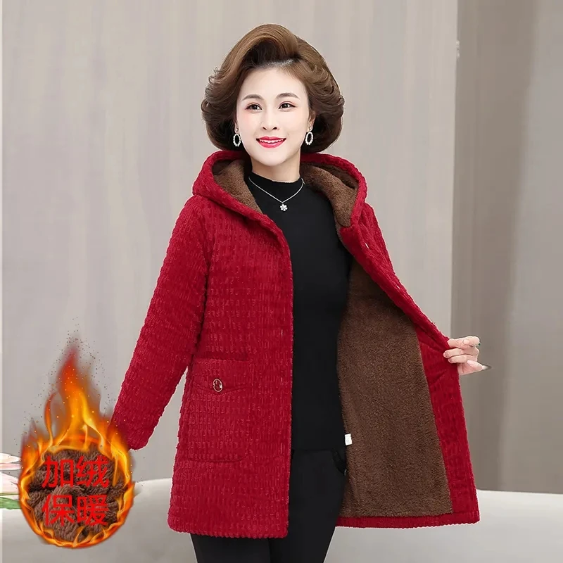 

New Middle-aged Women's Parkas Basic Jackets Winter Add Velvet Lamb Hooded Coats Cotton Winter Jacket Women Mama Overcoat XL-5XL