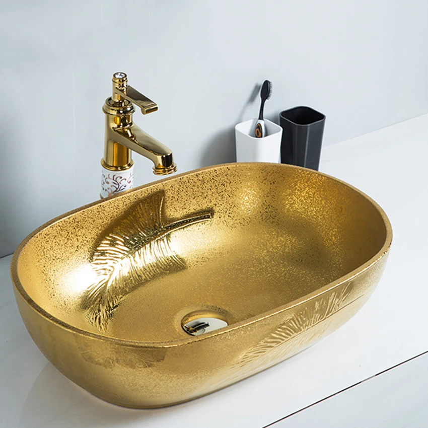 

European Style Luxury Wash Basin Gold Tabletop Basin Hotel Bathroom Toilet Basin Wash Basin Oval Basin Art Above Counter Basin