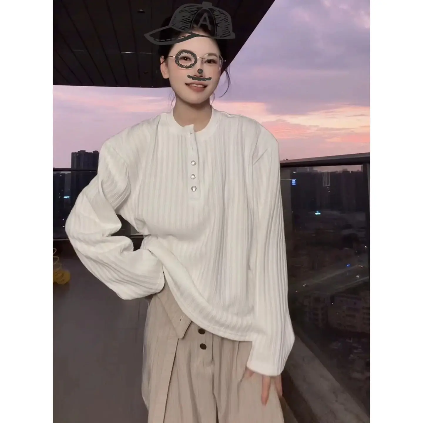 White Striped Long Sleeve Henry Collar T-Shirt Early Autumn Men's Lazy Loose Style Casual Outerwear Shoulder Appropriate
