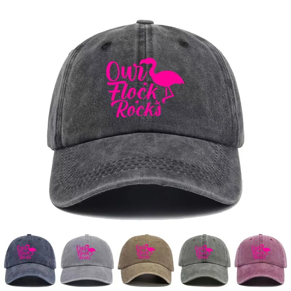 Vintage Washed Baseball Cap Pink Flamingo Our Flock Rocks Quote Print Graphic Unisex Streetwear Casual Trucker Style Cotton Hat