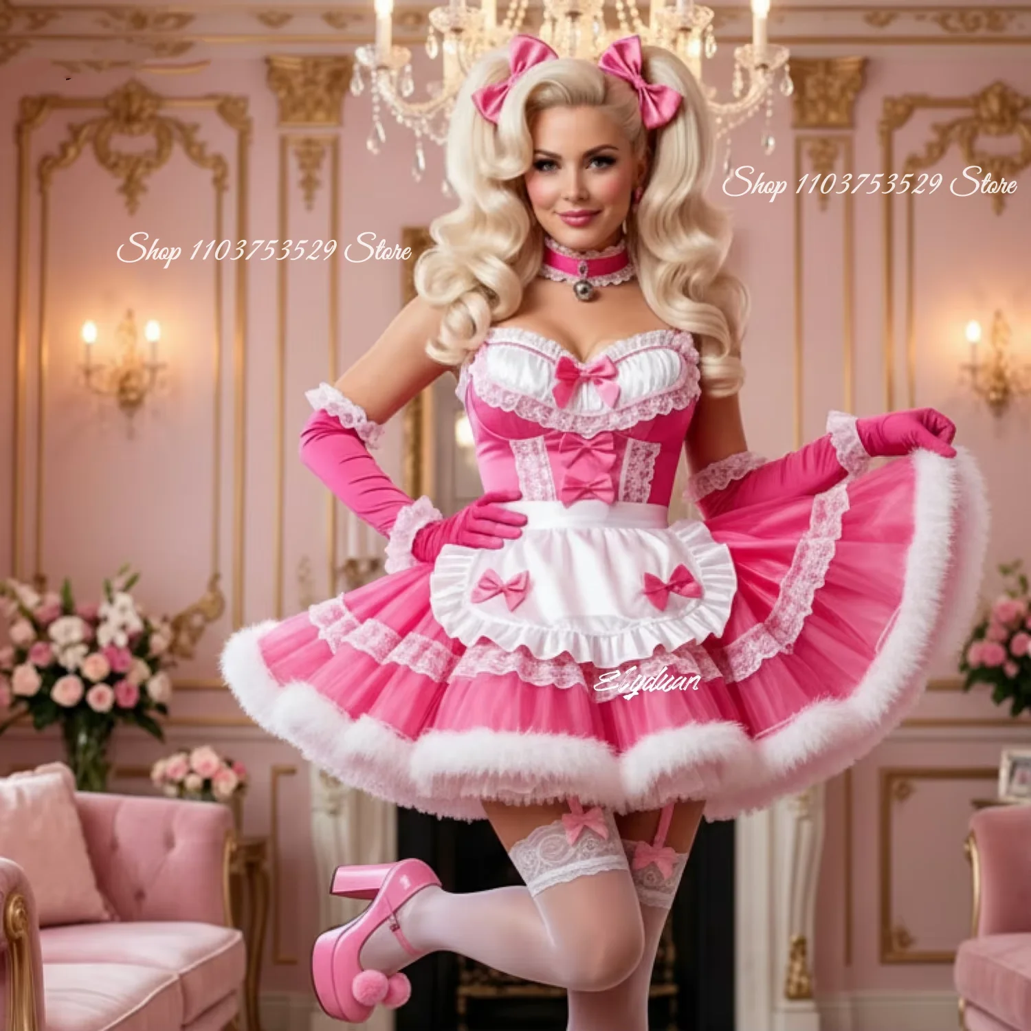 Barbie Pink Strapless Short Prom Dress Lace Bow Maid Evening Gown Customized Special Occasion Dress Birthday Party Dress Cosplay