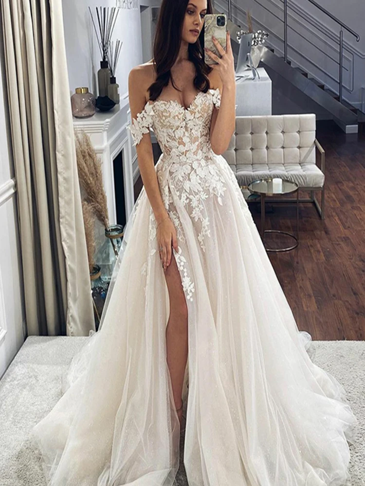 Vestidos de novia de encaje con hombros descubiertos, escote en forma de corazón, abertura lateral, apliques Vintage