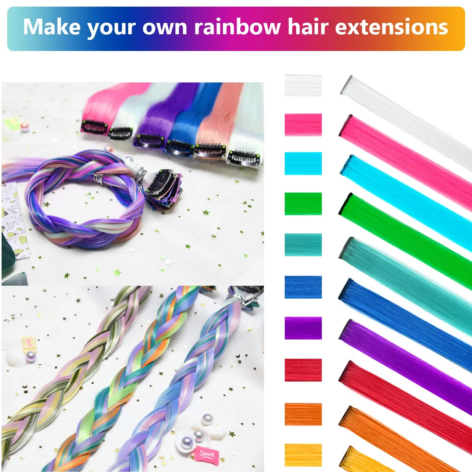 28PCS/Set Colored Party Highlights Clip-In Hair Extensions for Girls 22 Inches Multi-Colors Straight Hair Synthetic Hairpieces