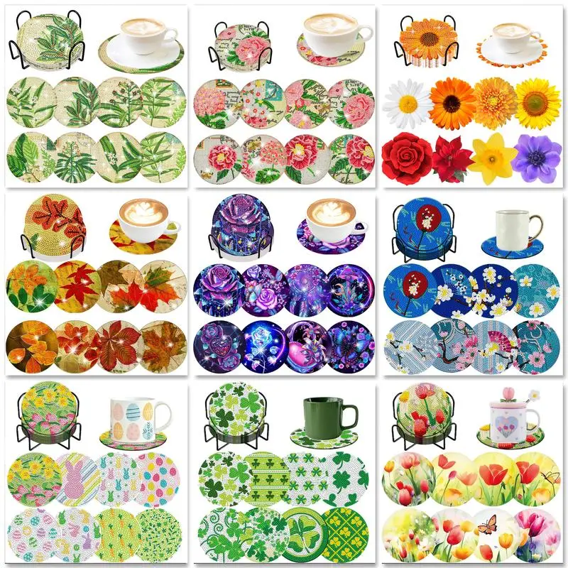 

8pc/sets DIY Diamonds Painting Coaster Kits Fresh Flower Non-Slip Rhinestone Mosaic Embroidery Diamond Art Craft Adults Gift