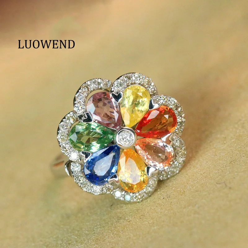 

LUOWEND 100% 18K White Gold Rings Romantic Elegant Style Shiny Diamond Natural Color Sapphire Ring for Women High Party Jewelry