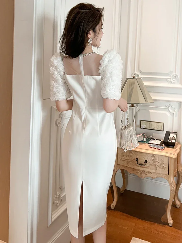 

2024 Summer New Formal Dress Sweet Celebrity Beaded White Long Dress Sheer Mesh Flowers Split Slim Robe Femme Prom Party Vestido