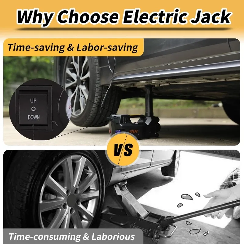 طقم جاك السيارة الهيدروليكية الكهربائية 5 طن 12 فولت نطاق الرفع المحمول 17.7 بوصة مع مفتاح ربط الصدمات ومضخة نفخ الإطارات