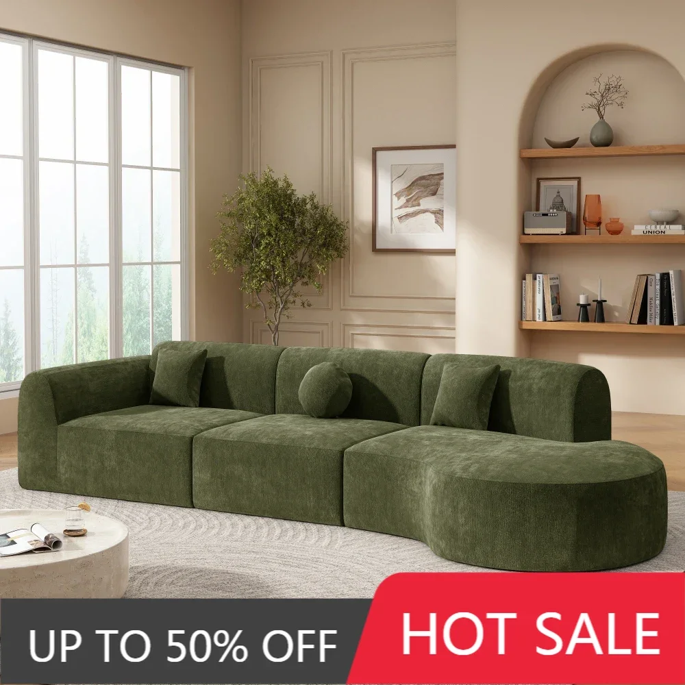 

Elegant Green 140-Inch Large Curved Sectional Sofa 6 Seater with 3 Cushions High Resilience Couch for Apartment Bedroom